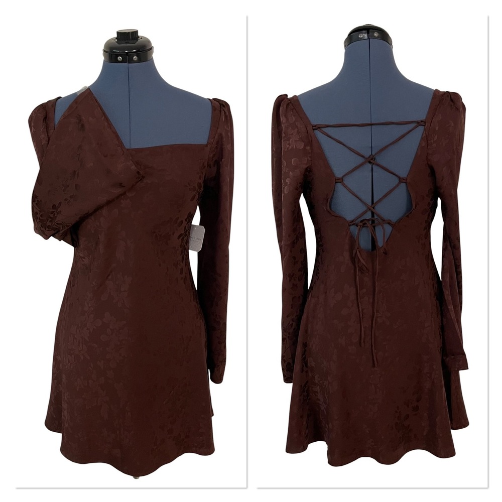 Altar'd State Brown Floral Satin Lace Up Back Mini Dress Flare Sleeve Festival S